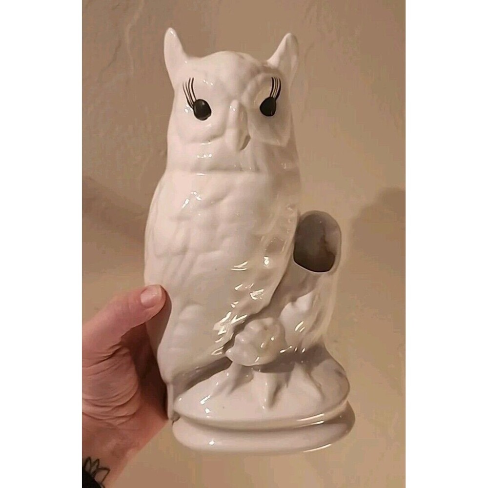 Beautiful Vintage White Ceramic Owl Planter Vase 10" H